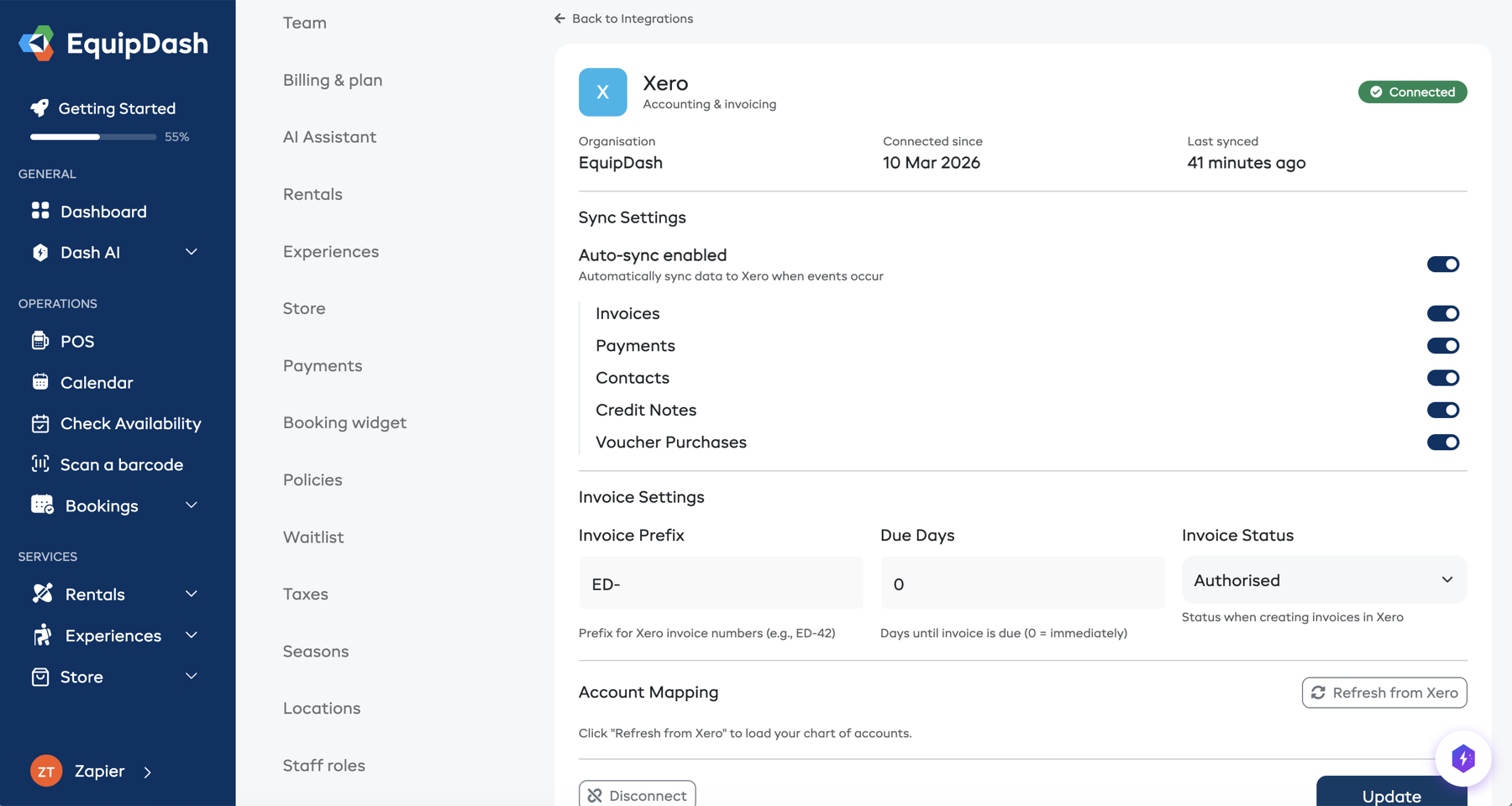 Xero integration settings
