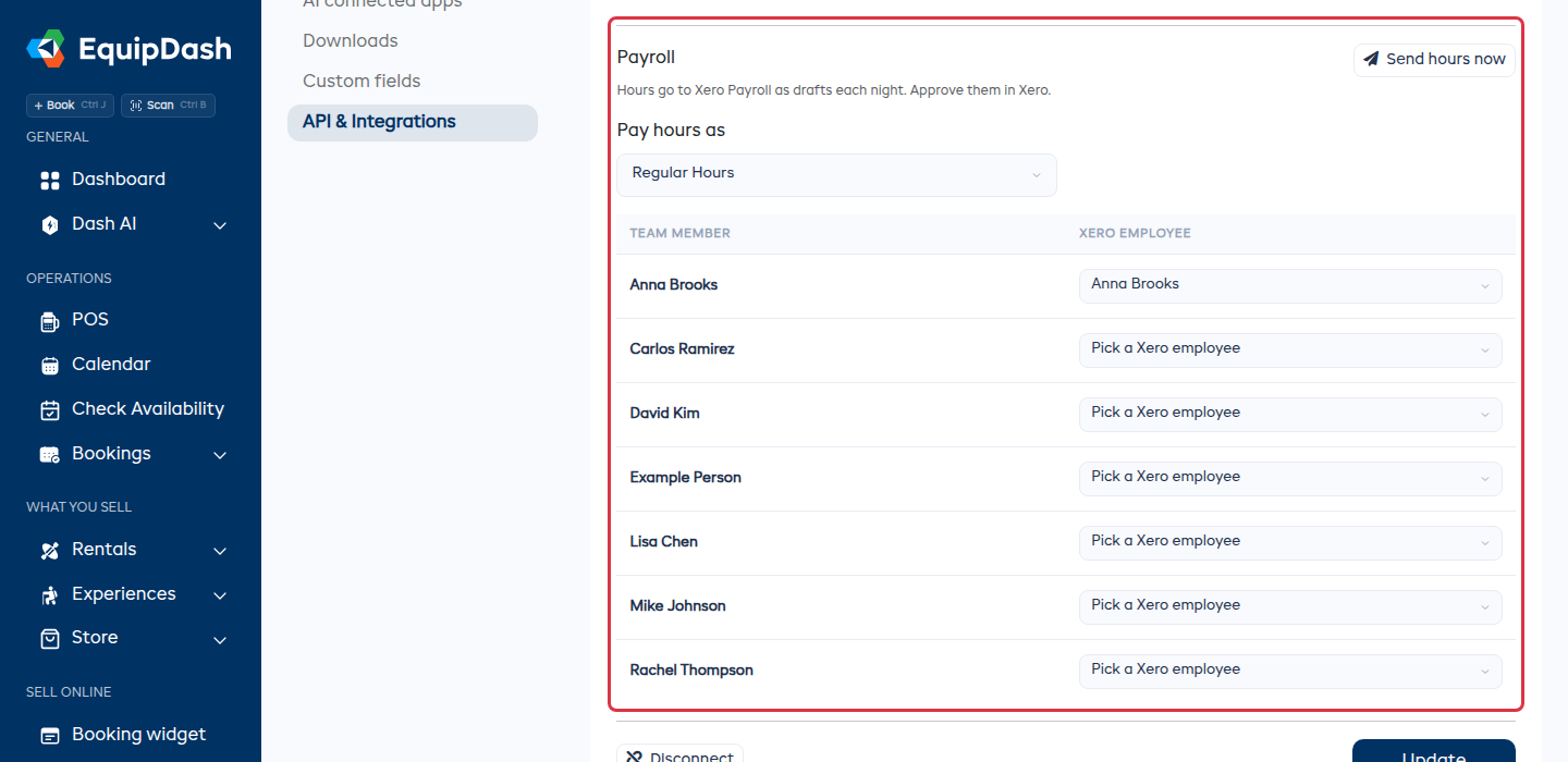 Payroll section of the Xero settings, with Pay hours as, the Send hours now button and a Xero employee picker for each team member