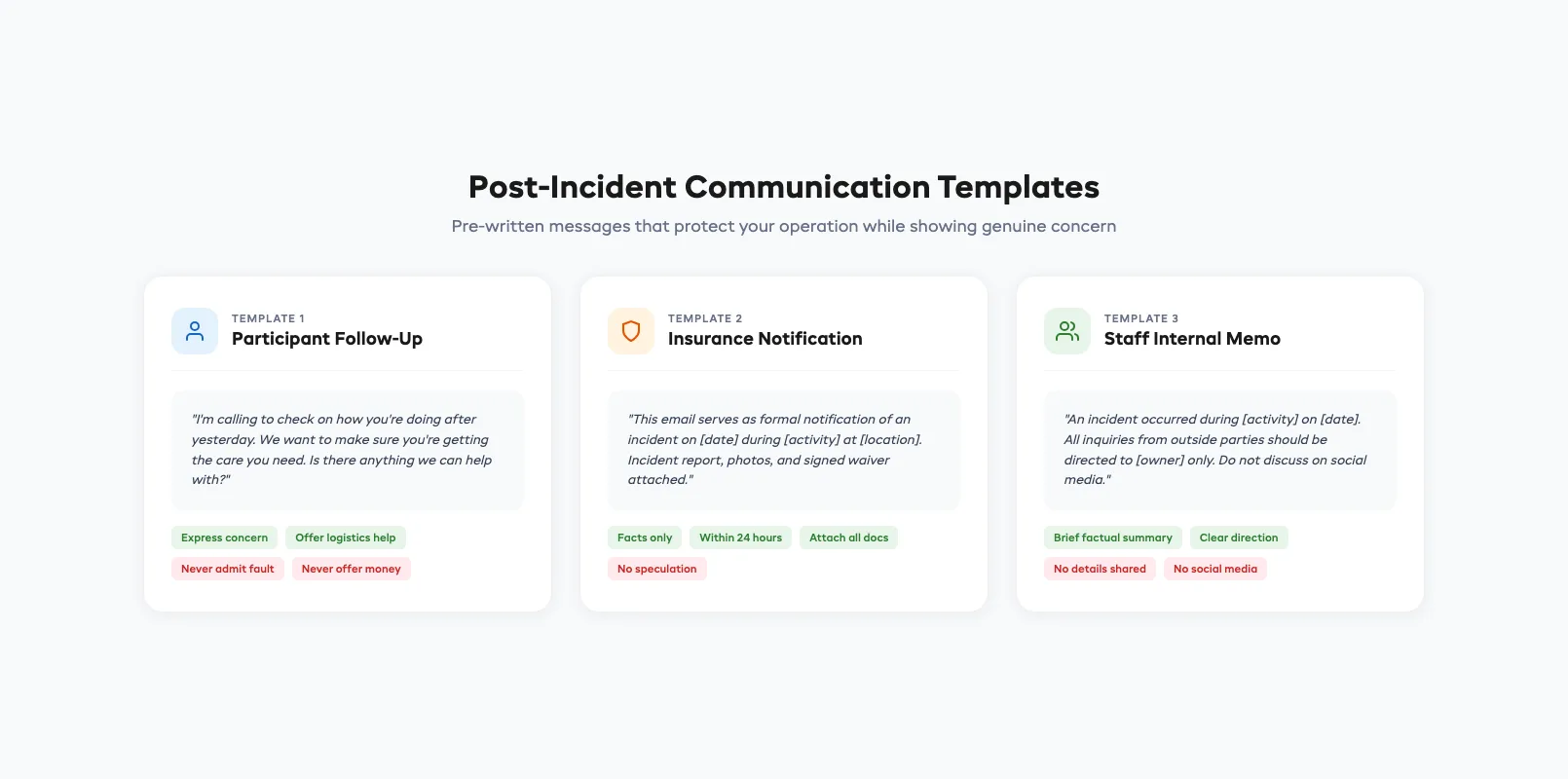 Communication templates framework showing the three key messages: participant, insurance, and team