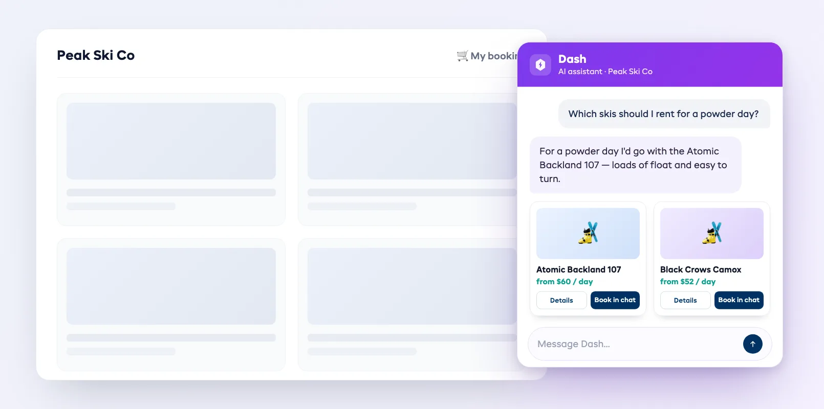The Dash AI Bookings chat panel open on a rental booking page, answering a customer question and showing product cards