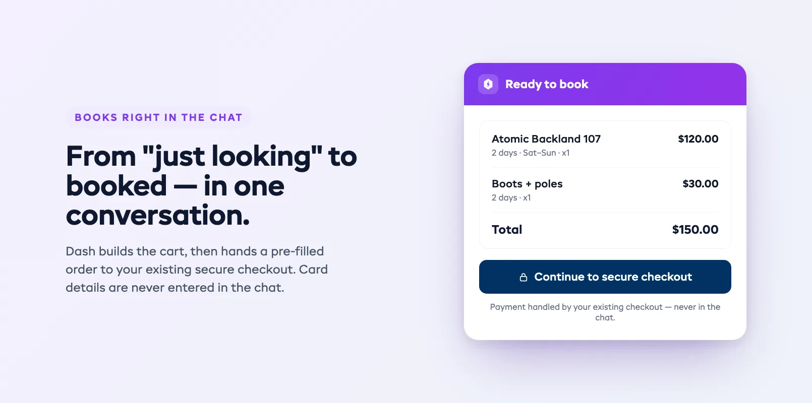 The AI Bookings checkout handoff — a cart summary and a Continue to secure checkout button