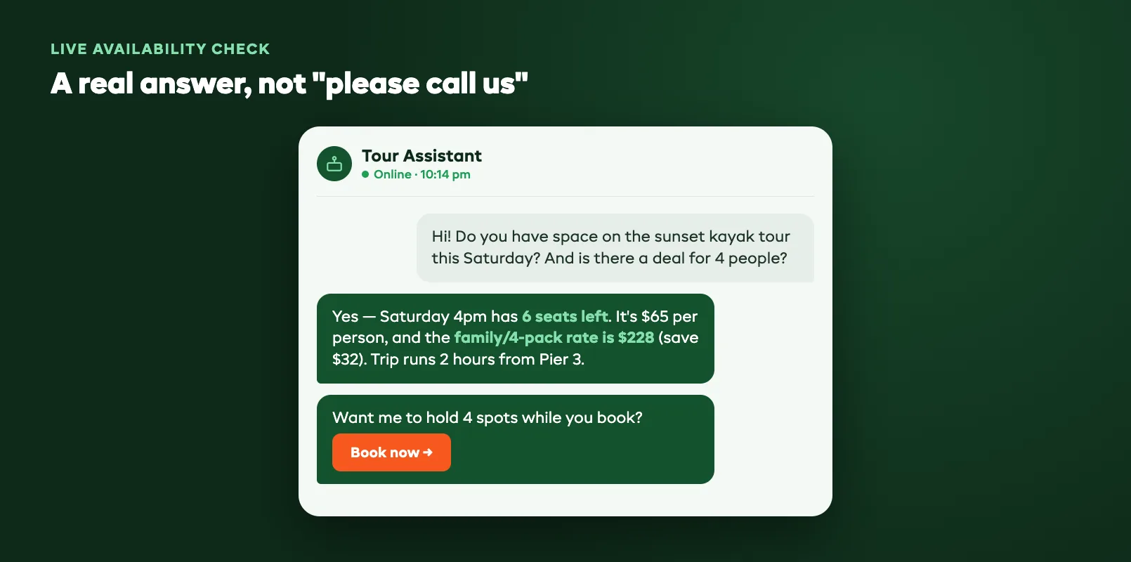 Mockup of an AI chatbot conversation for a tour operator answering an availability question with live seat count, price, group rate, and a booking link