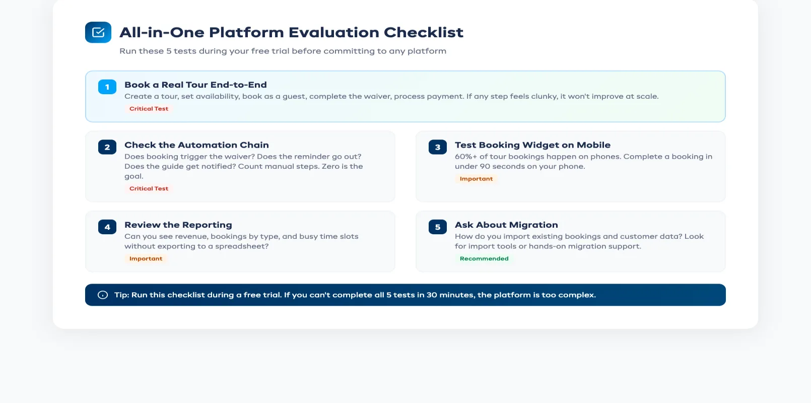 All-in-one platform evaluation checklist with five trial tests for tour operators