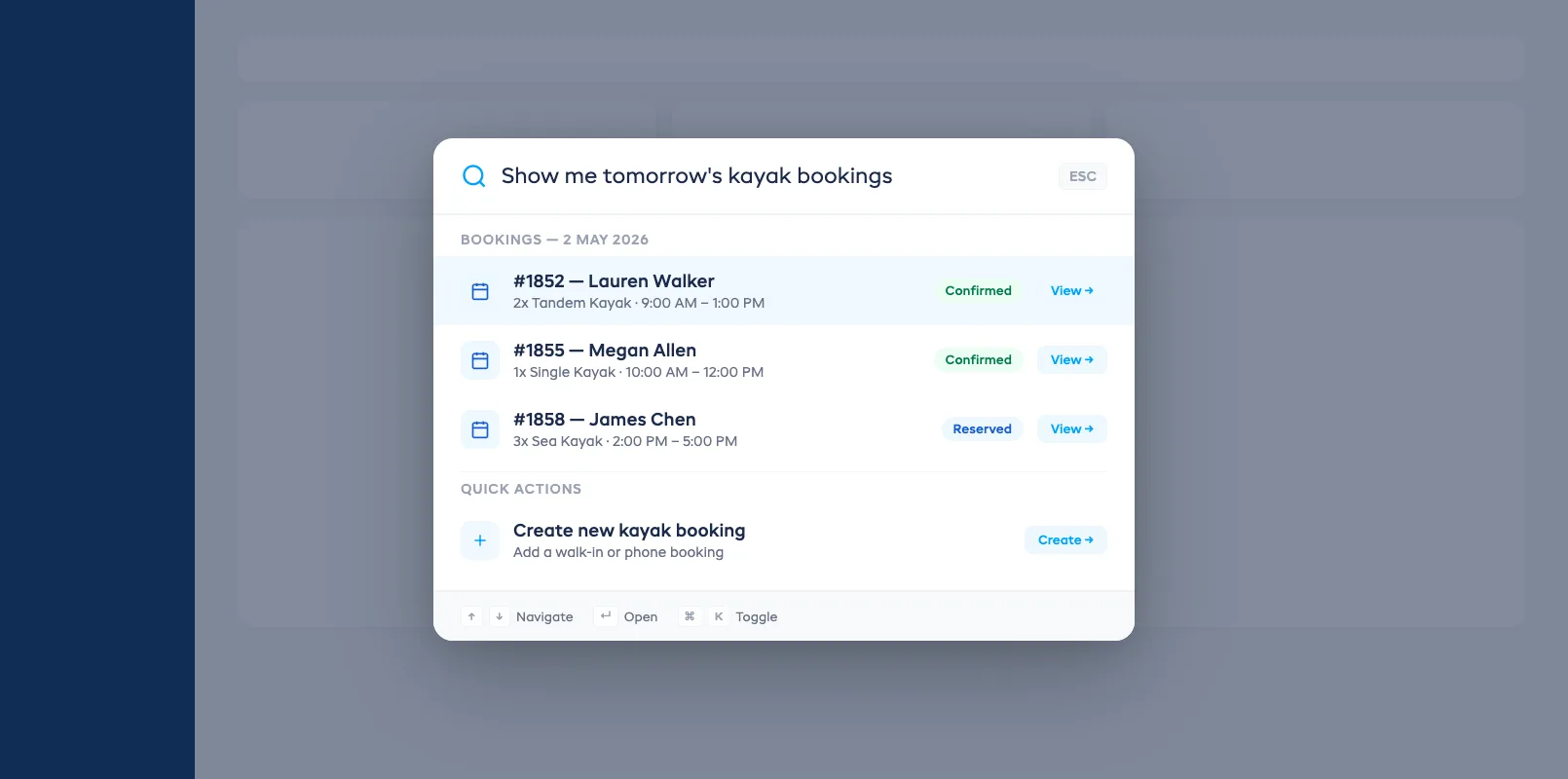 AI Search command palette showing natural language query with instant results and one-click actions