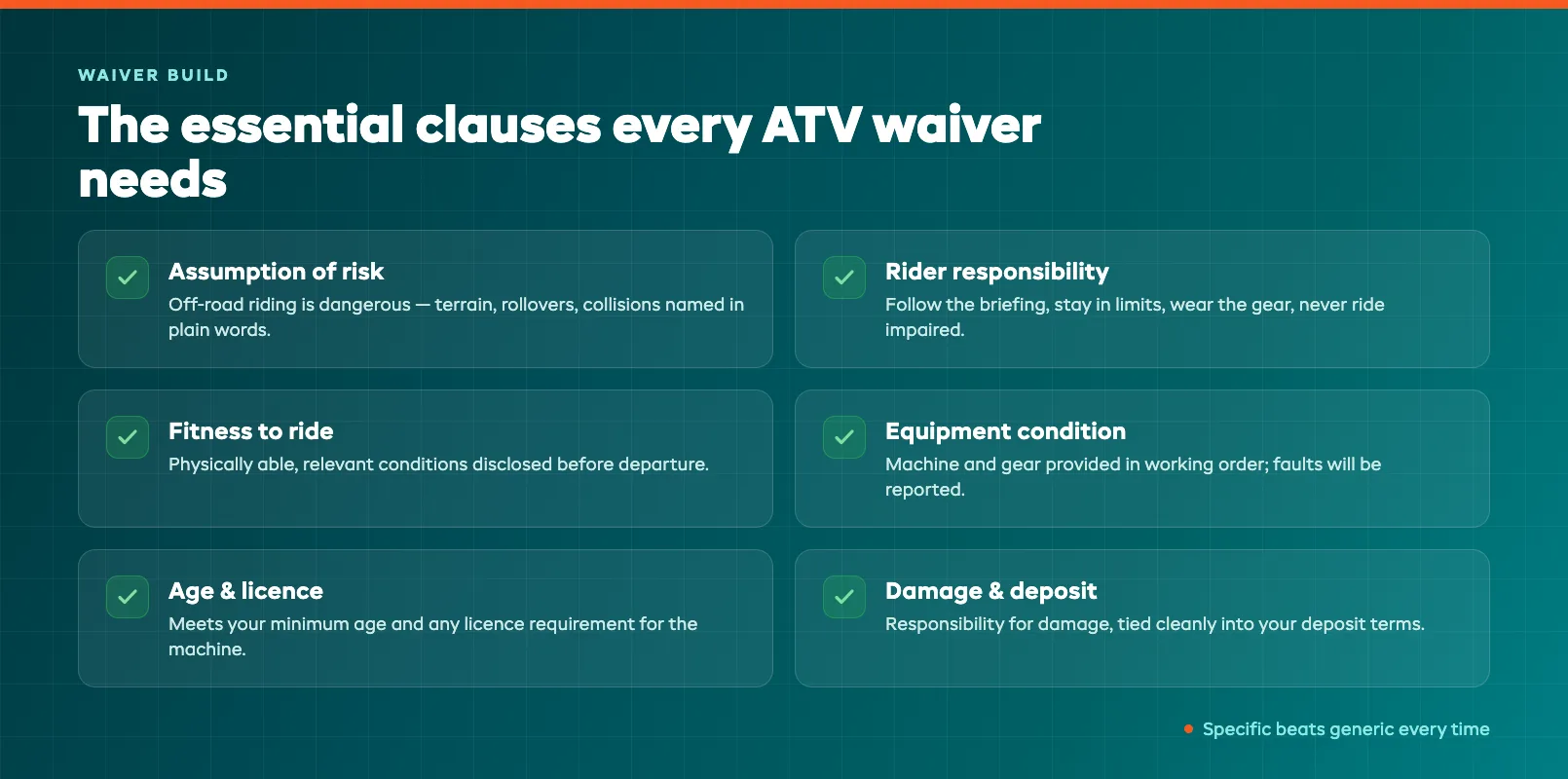 Checklist of essential clauses every ATV rental waiver needs, covering assumption of risk, rider responsibility, and equipment condition