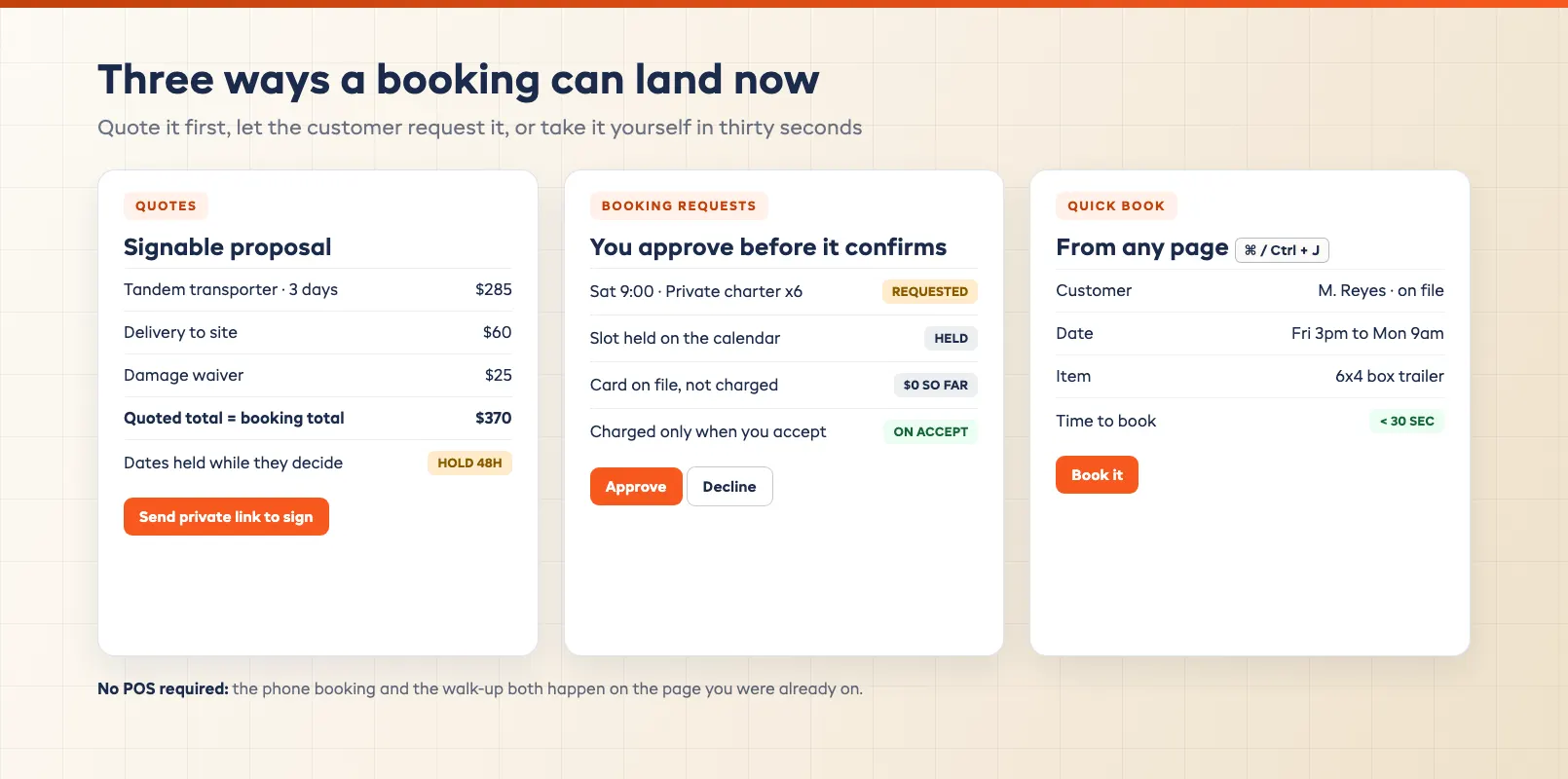 August 2026 quote to booking flow showing a signable proposal, a held booking request, and a Quick Book shortcut