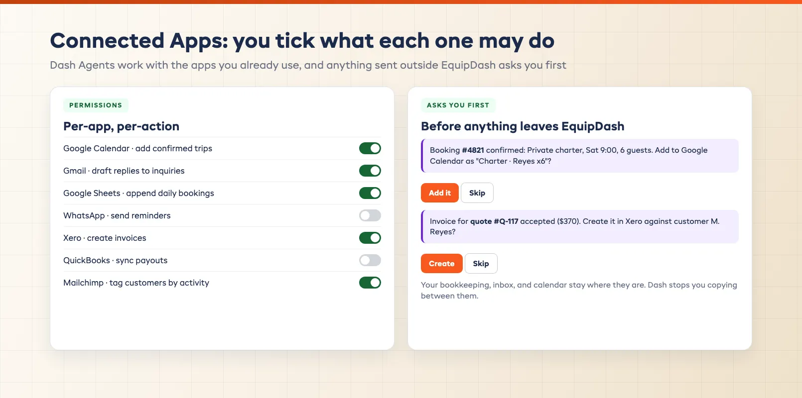 Dash Agent Connected Apps permissions screen showing per-app toggles for Google Calendar, Gmail, Sheets, WhatsApp, Xero, QuickBooks, and Mailchimp