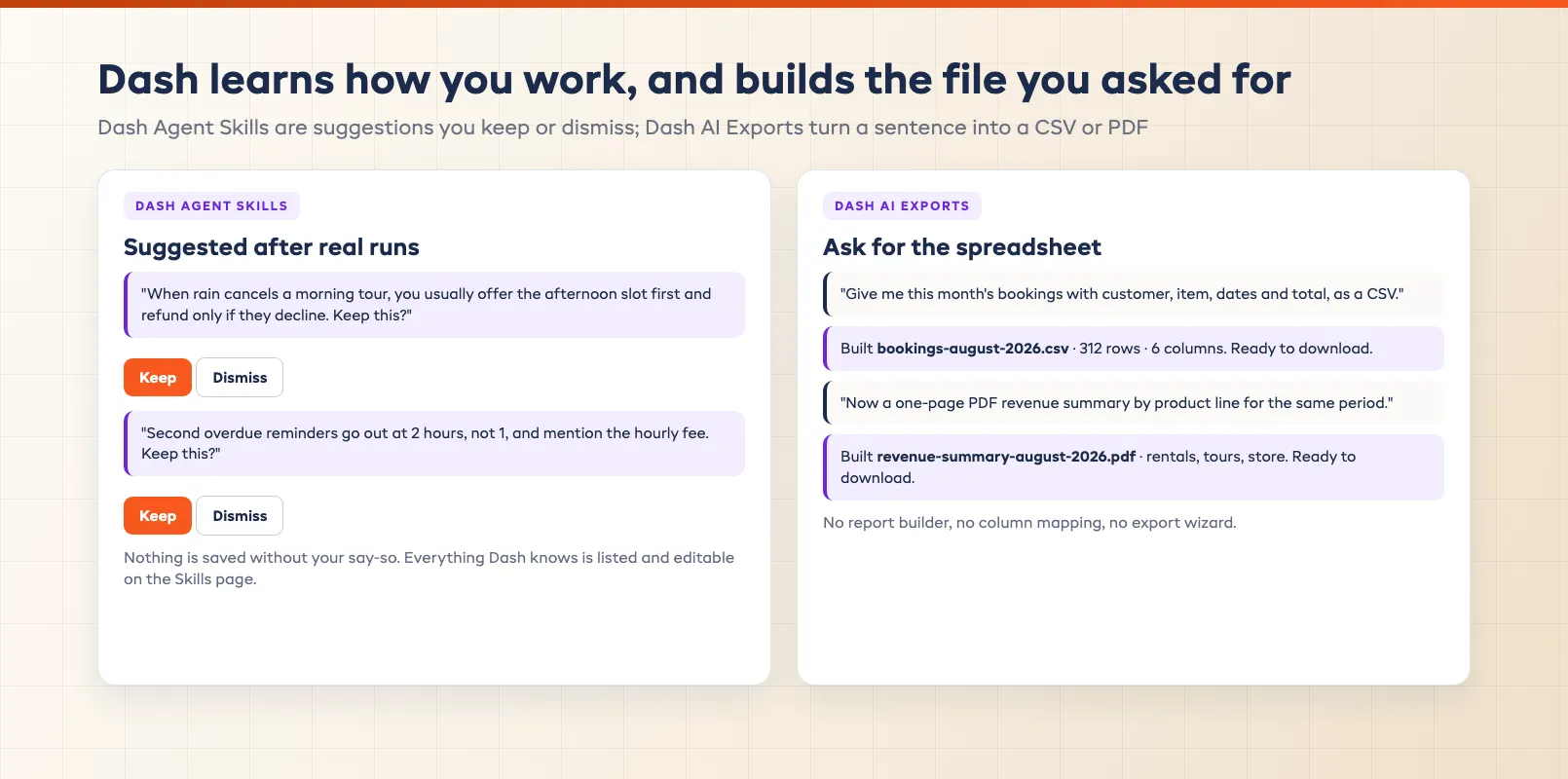 Dash Agent Skills suggestion cards next to a Dash AI Exports request that builds a CSV or PDF on demand