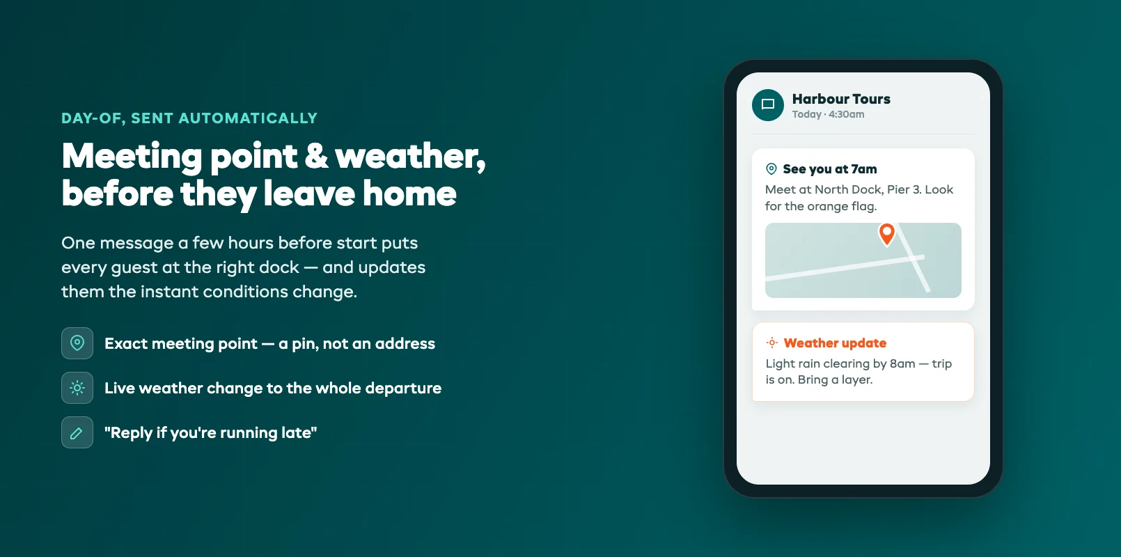 Phone showing a day-of message with the meeting point pin and a weather alert update sent to a guest on the morning of the tour