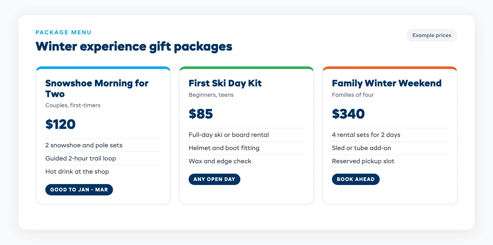 Winter experience gift packages menu with three example packages: snowshoe morning for two, first ski day kit, and family winter weekend