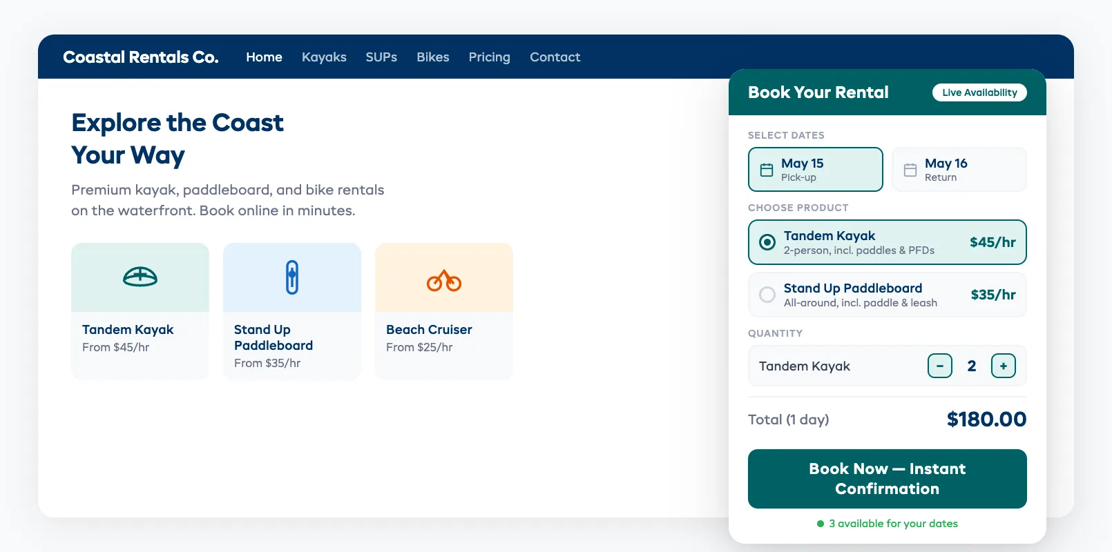 Booking widget example showing clean date selection and product picker on a rental website