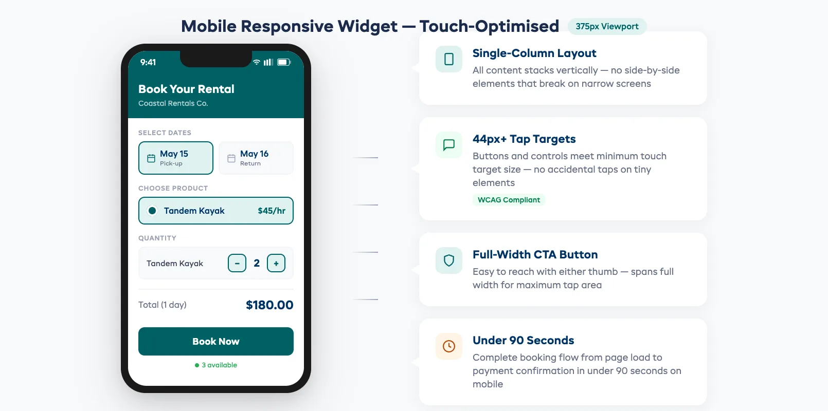 Mobile booking widget test showing responsive layout on phone screen