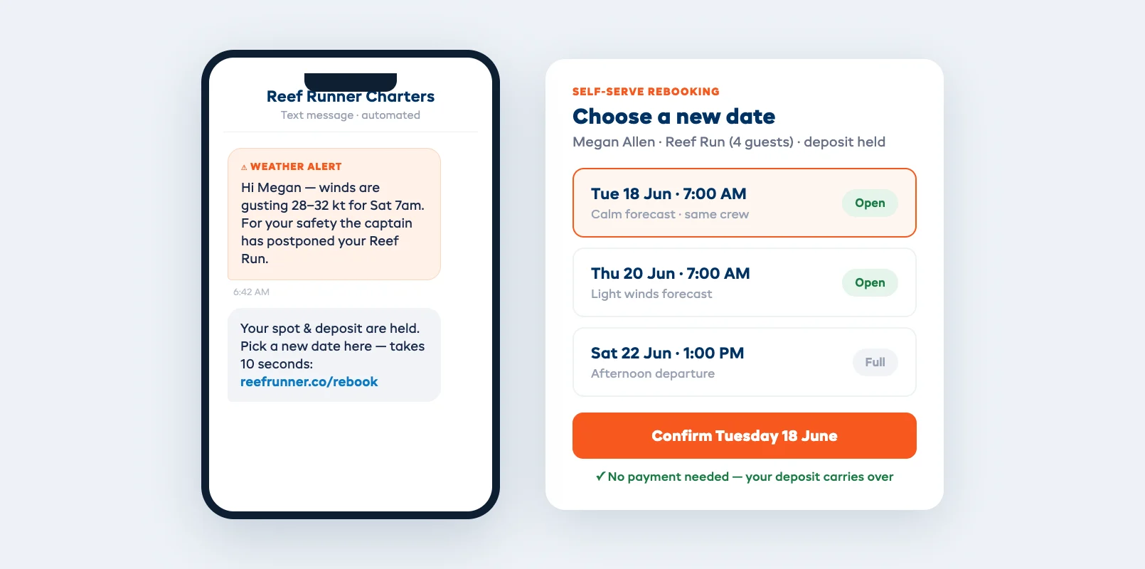 Automated weather alert message mockup showing an SMS that warns a guest of unsafe conditions and links to a self-serve rebooking page