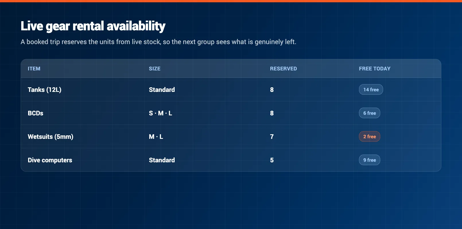 Gear rental availability grid showing tanks, BCDs, wetsuits, and dive computers by size with live stock counts reserved against the day's bookings.
