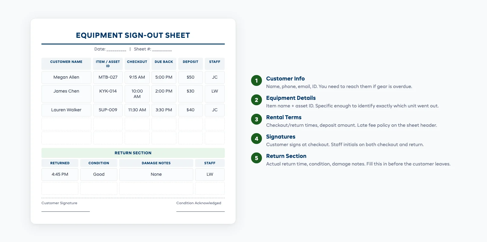 Equipment sign-out sheet template preview showing rental fields and layout