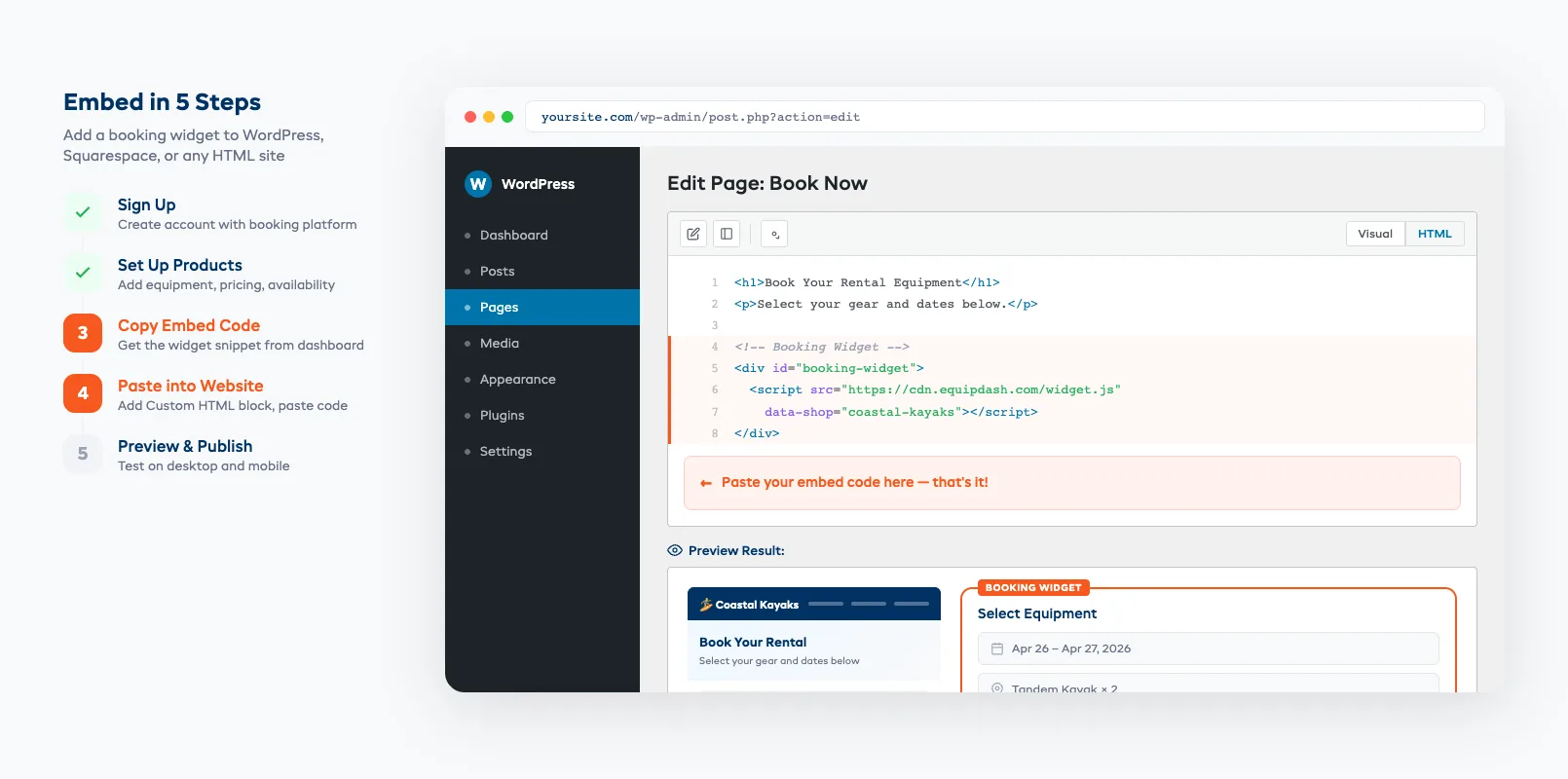 WordPress booking widget embed walkthrough showing code editor and preview