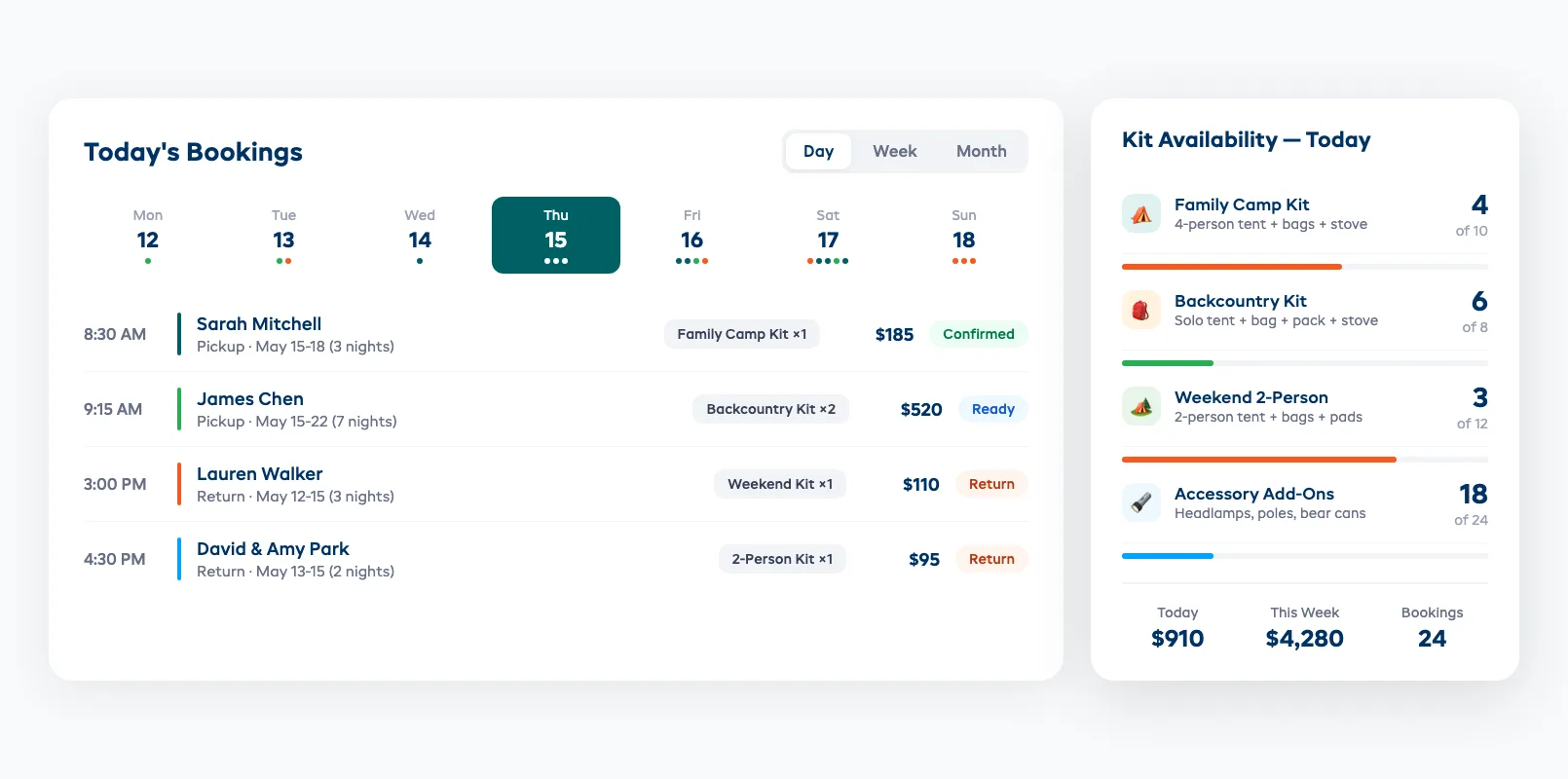 Camping rental booking system showing multi-day calendar availability and gear packages