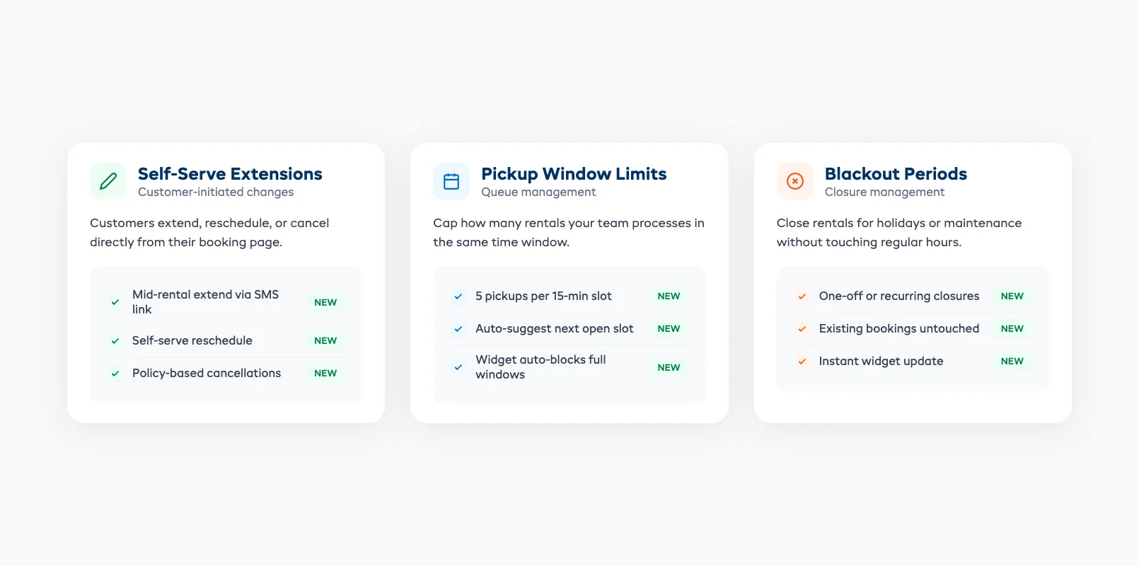 May 2026 bookings features overview — self-serve extensions, pickup window limits, and blackout periods