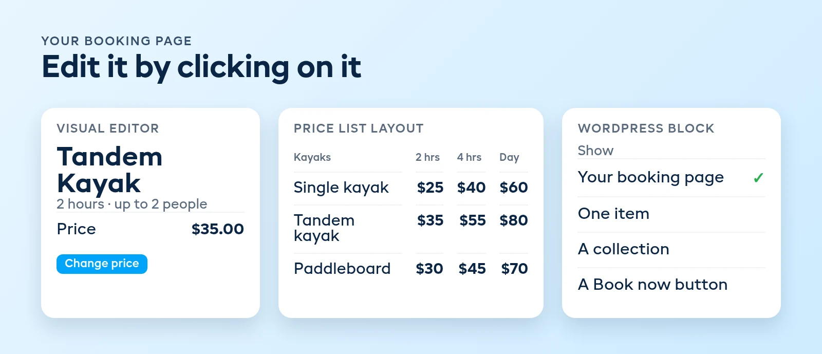 October 2026 booking page editor showing an item edited in place, the price list layout, and the EquipDash block on a WordPress page