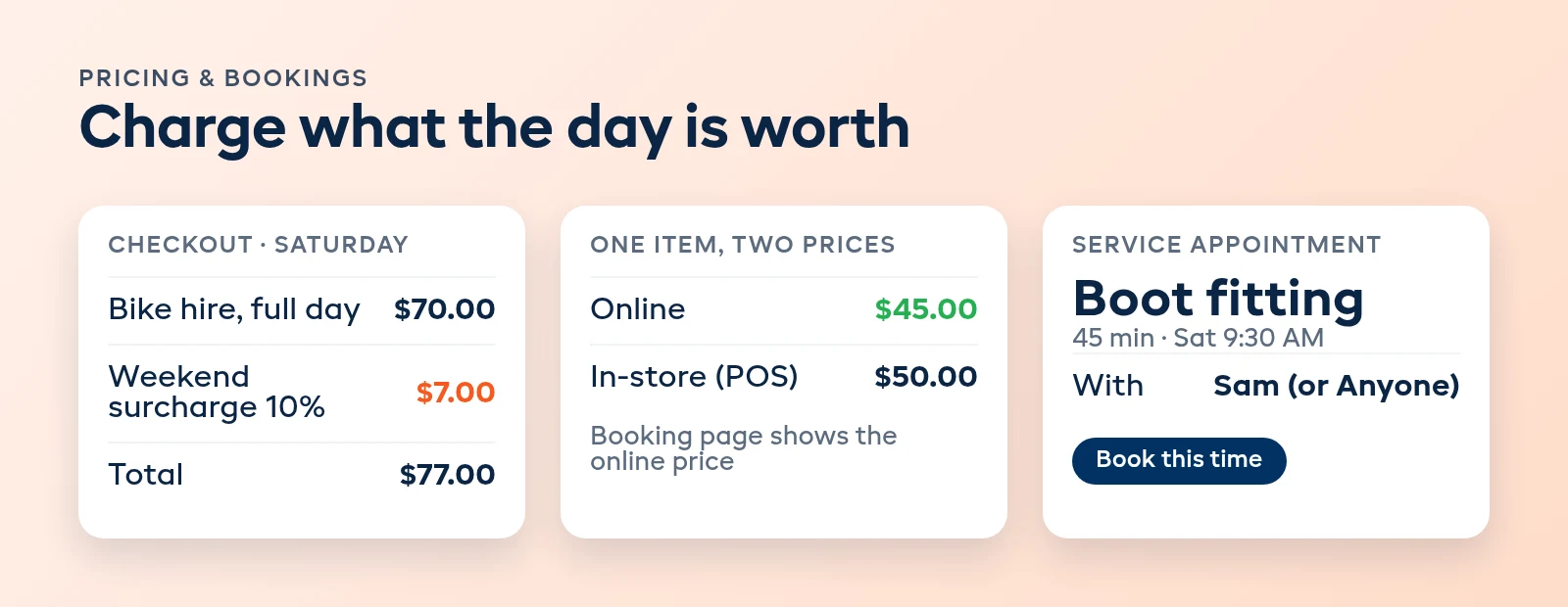 October 2026 pricing and appointments board showing a weekend surcharge line, online and in-store prices, and a service appointment with a named staff member
