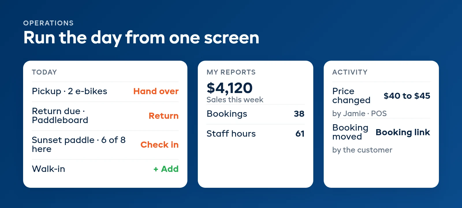 October 2026 Today screen with pickups, returns due, session arrivals and gear to get ready, plus a custom report and an activity log entry