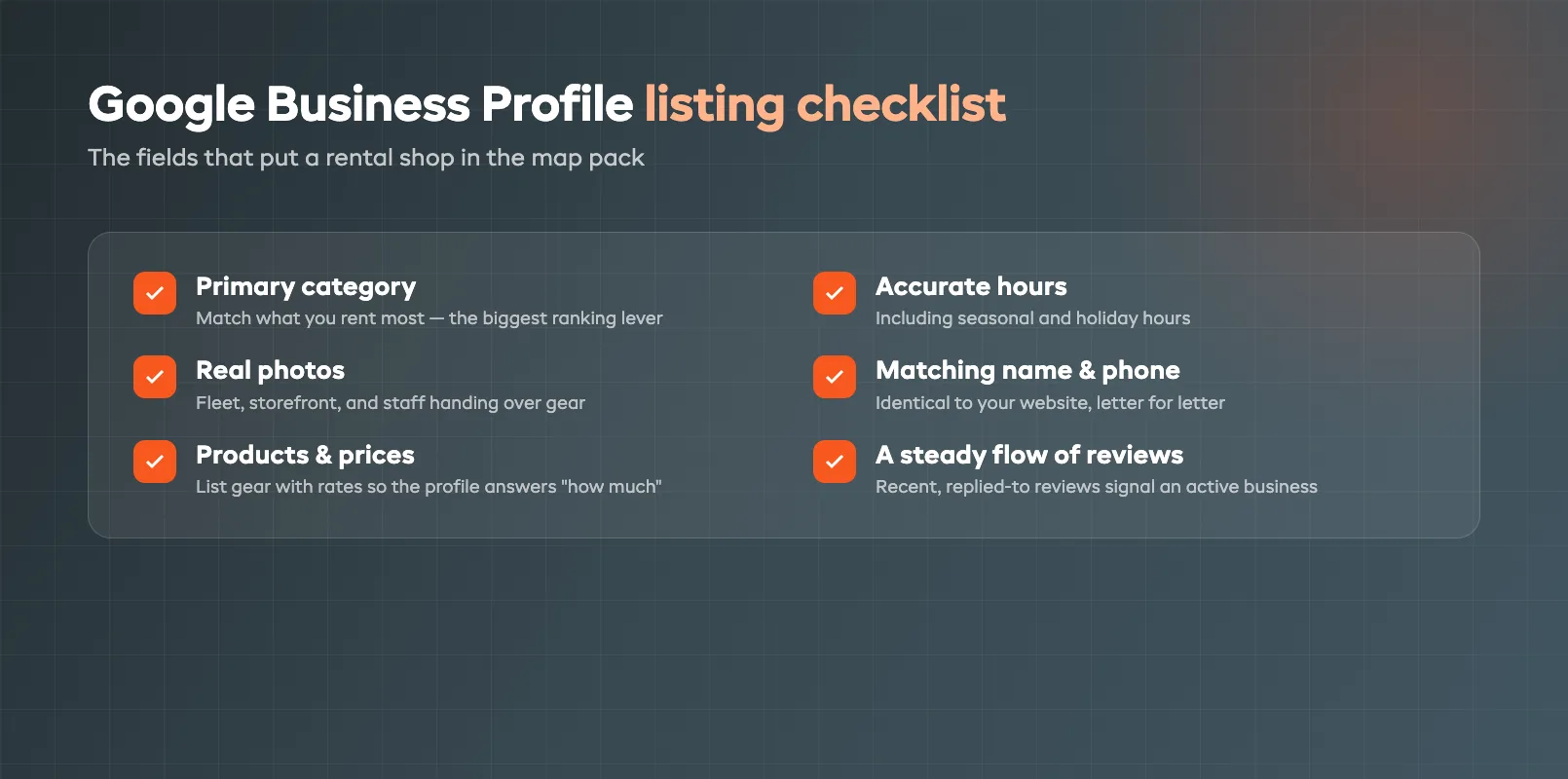 Google Business Profile listing checklist — primary category, service hours, geotagged photos, and a steady flow of reviews