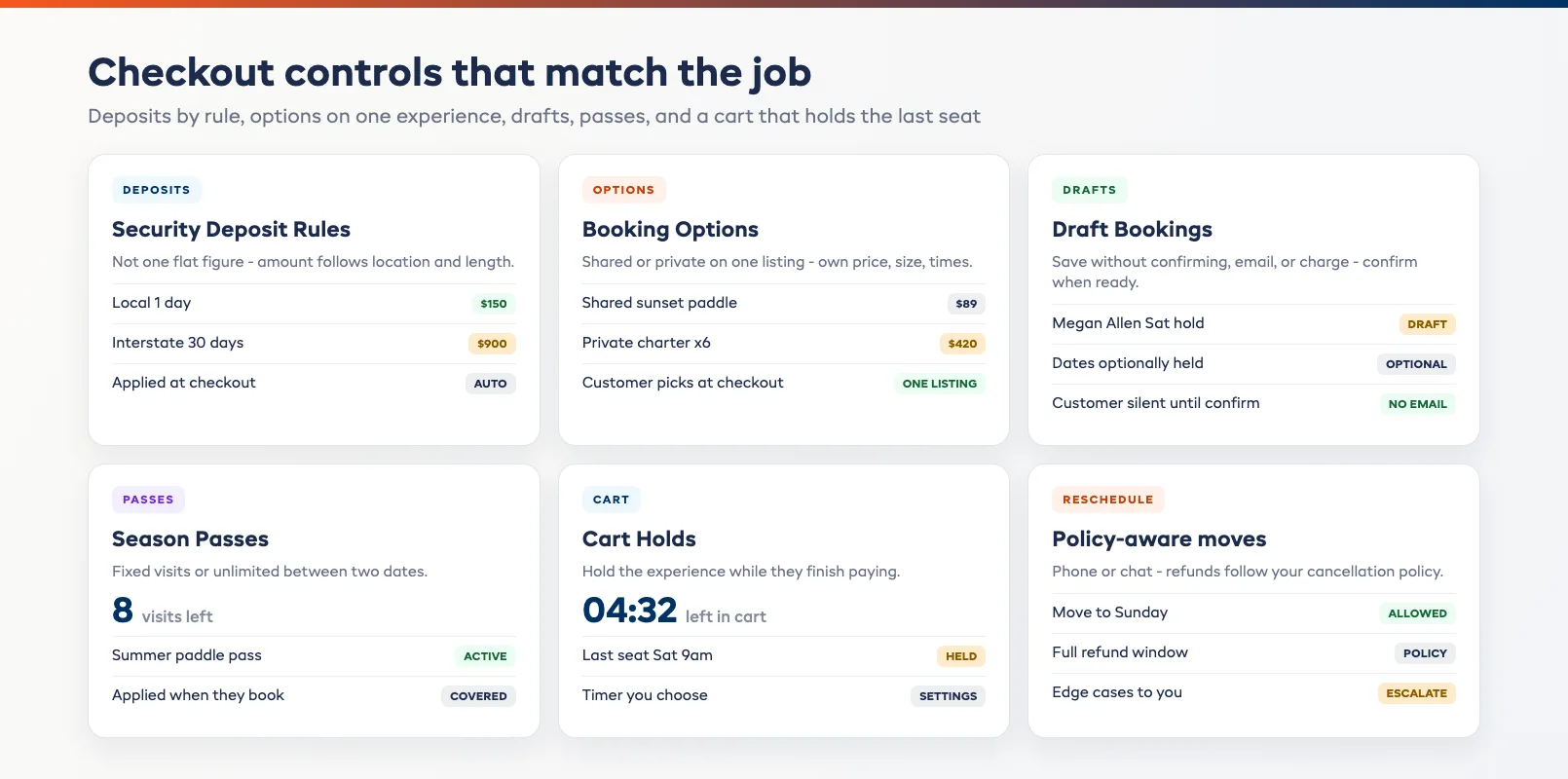 September 2026 booking controls board with security deposit rules, booking options, draft bookings, season passes, and cart holds