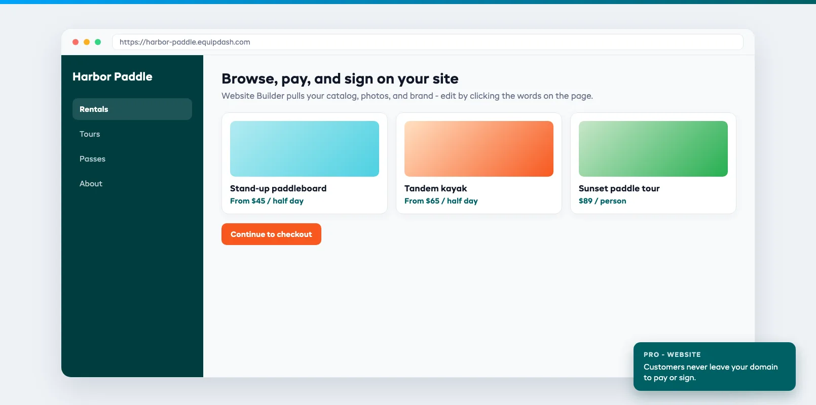 September 2026 website builder checkout page with catalog photos, branded layout, and pay-and-sign flow