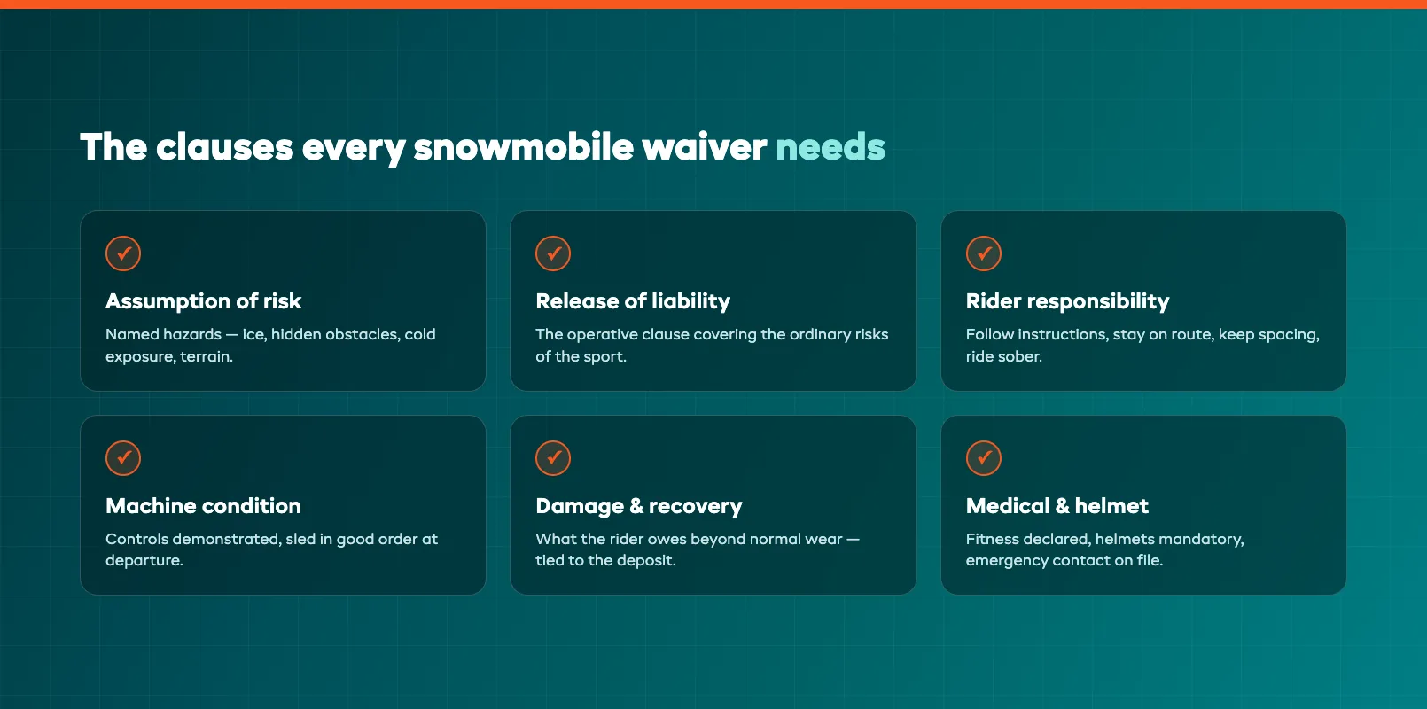 Checklist of core waiver clauses for snowmobile rentals covering assumption of risk, rider responsibility, and machine condition