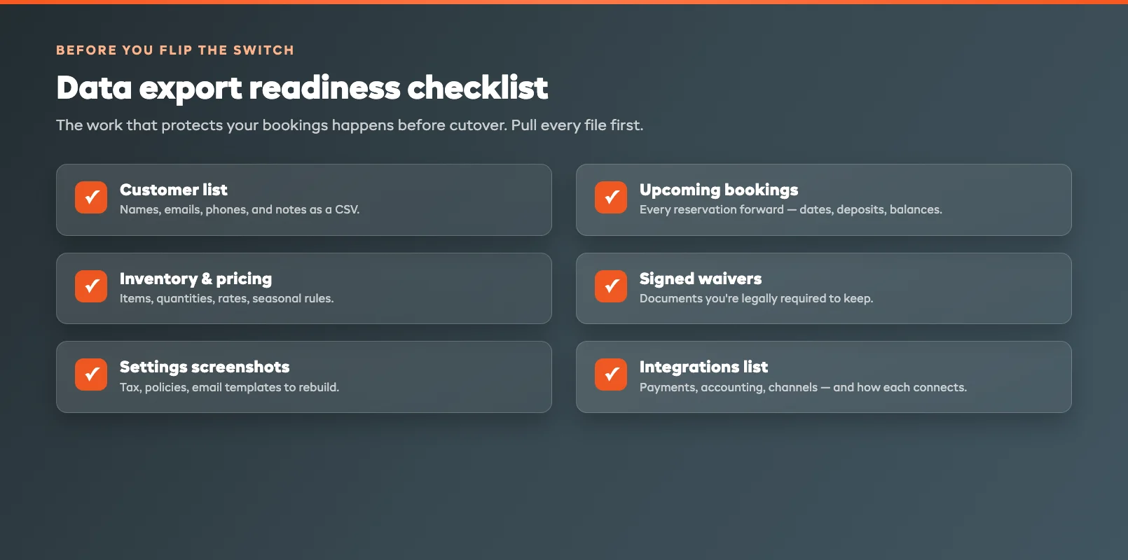 Data export readiness checklist covering customers, bookings, and inventory before migration