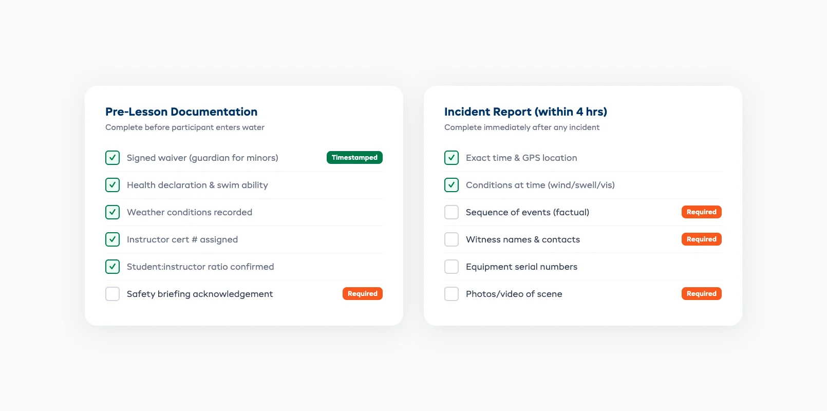Pre-lesson documentation and incident report checklists for water sports lesson operations