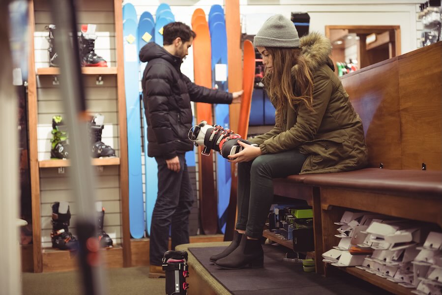 Boot fitting in a ski rental shop