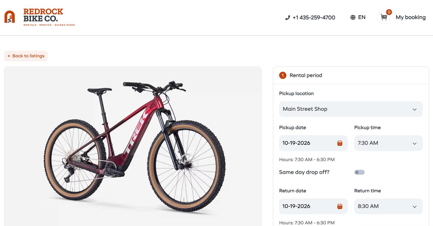 The Trek Marlin 8 rental page at Redrock Bike Co., in English, French, Spanish and Japanese