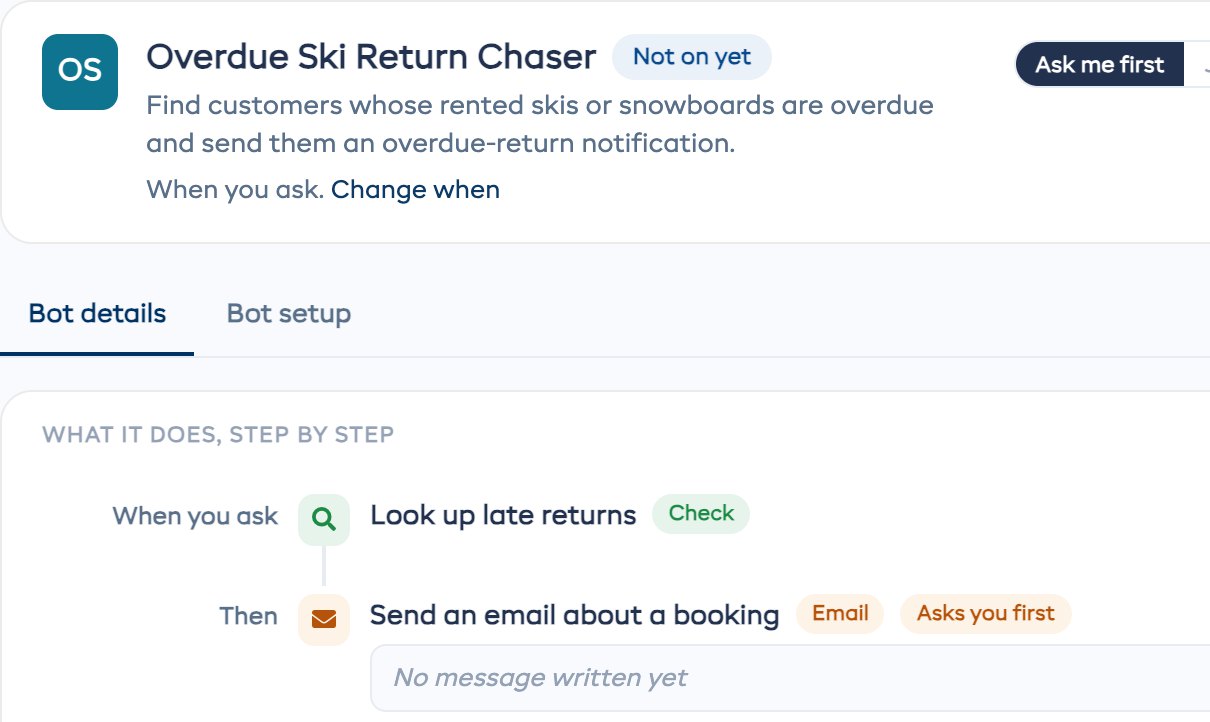 A bot's steps in EquipDash: look up late returns, then send an email about a booking, tagged Asks you first