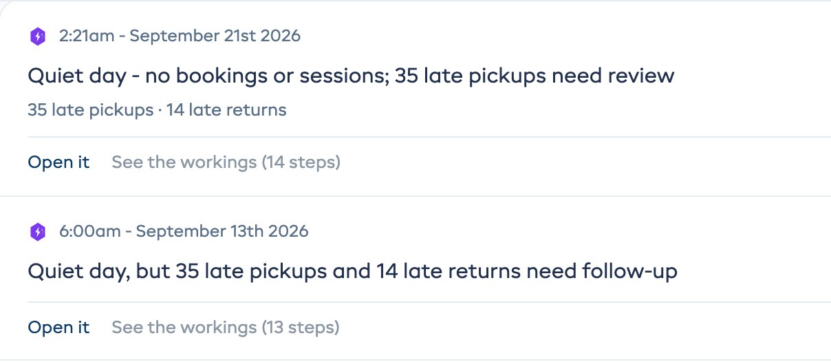 A bot's run history in EquipDash: each run with a one-line summary and a link to its workings