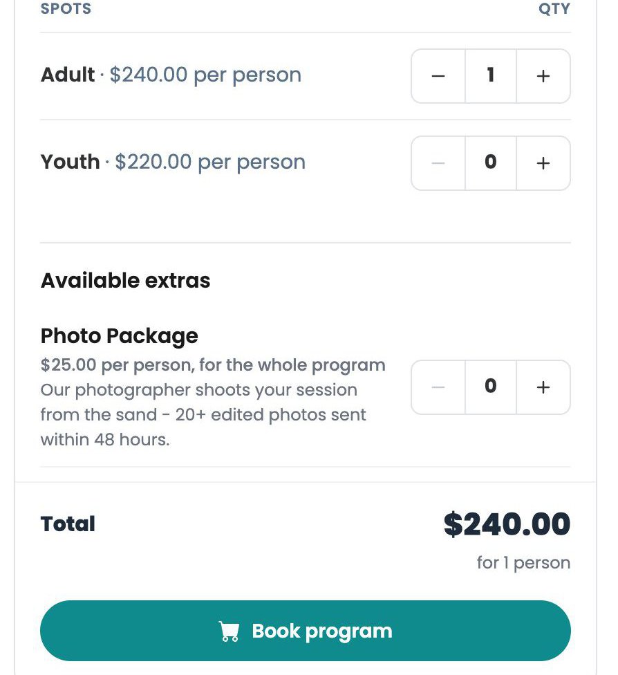 The checkout panel of Sandbar Surf's Learn to Surf Course: adult $240 and youth $220 spots, a $25 photo package for the whole program, total $240 and a Book program button