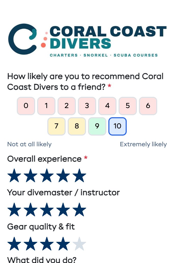 Coral Coast Divers' Post-Dive Review survey, answered: 10 out of 10, five stars for the experience and the instructor, and a comment