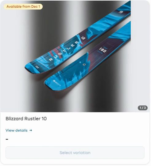 The Blizzard Rustler 10 on Peak Ski Co.'s booking page in October, marked Available from Dec 1