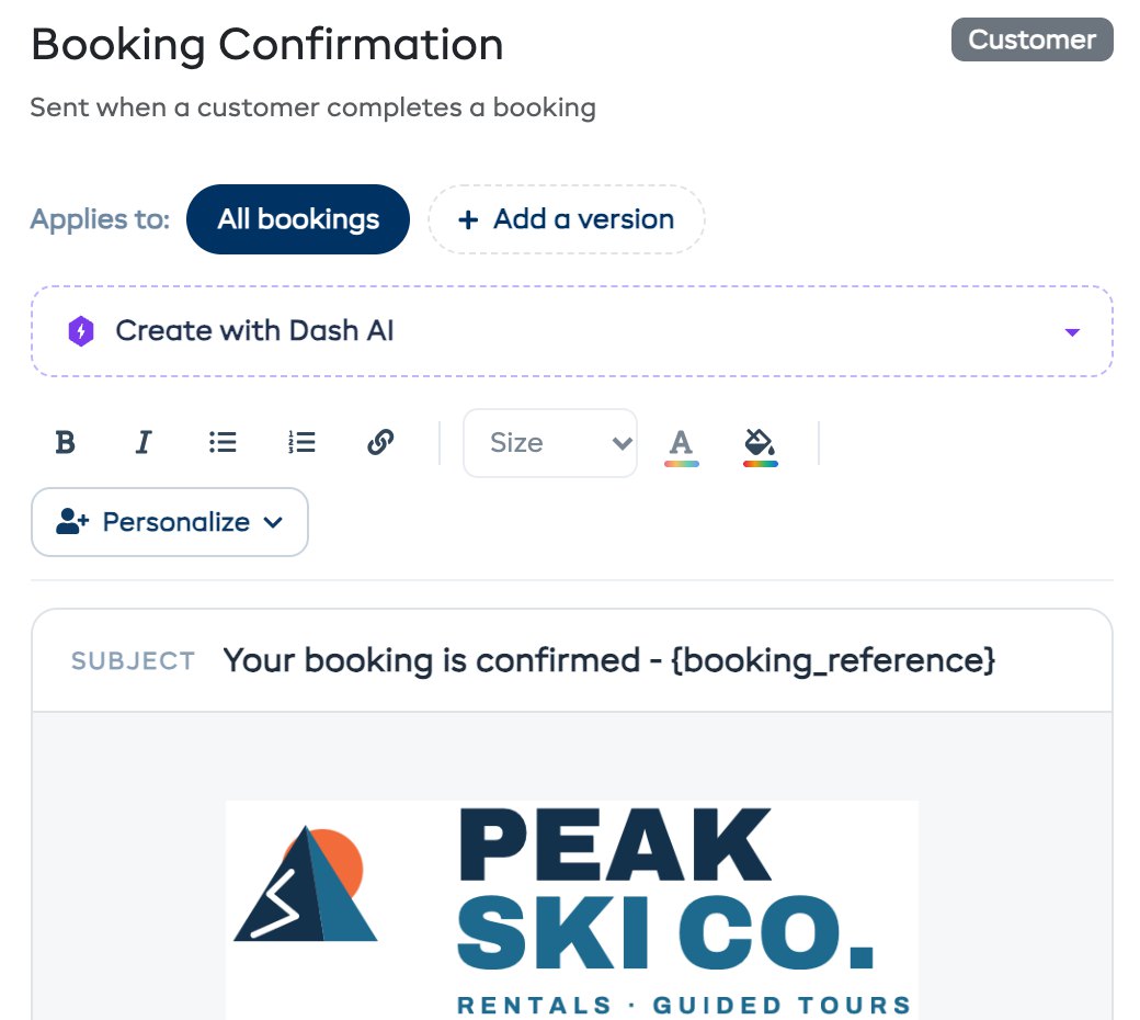 Editing the booking confirmation email in EquipDash, with Create with Dash AI and the shop's logo in the preview