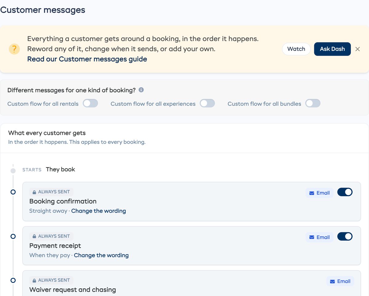 Settings, Customer messages in EquipDash: every email a customer gets around a booking, in order