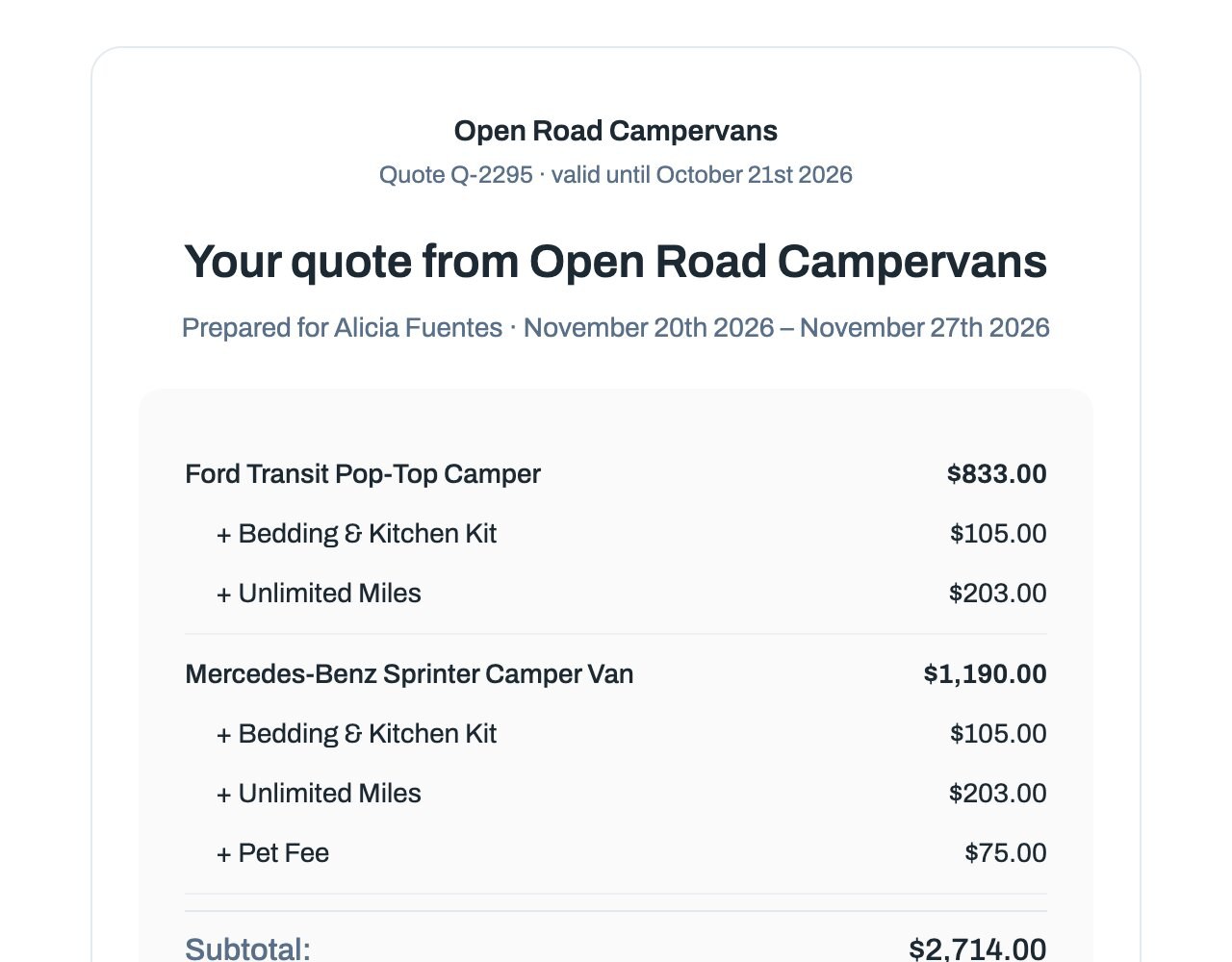 Quote from Open Road Campervans listing two vans with bedding kits and unlimited miles