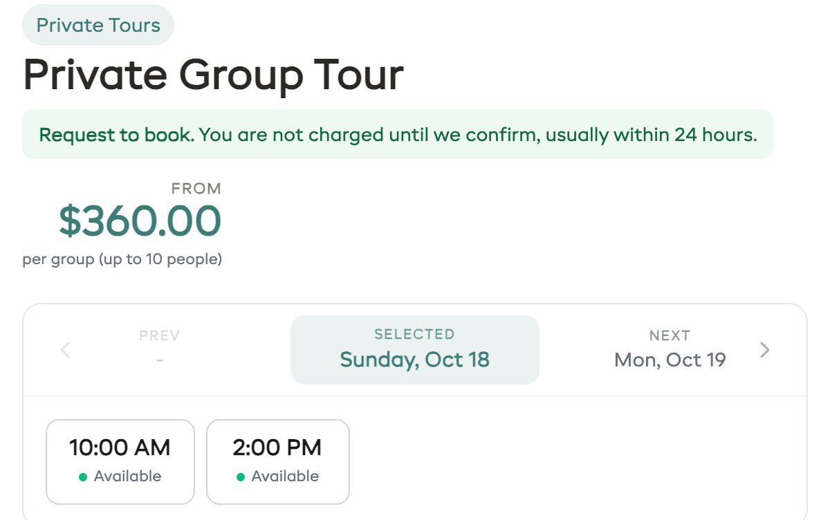 Private group tour page with request to book, from $360 per group