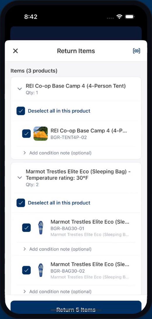 In the shop and on the road at Basecamp Gear Rentals, in the EquipDash phone app