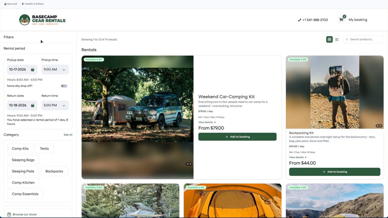 Basecamp Gear Rentals booking page