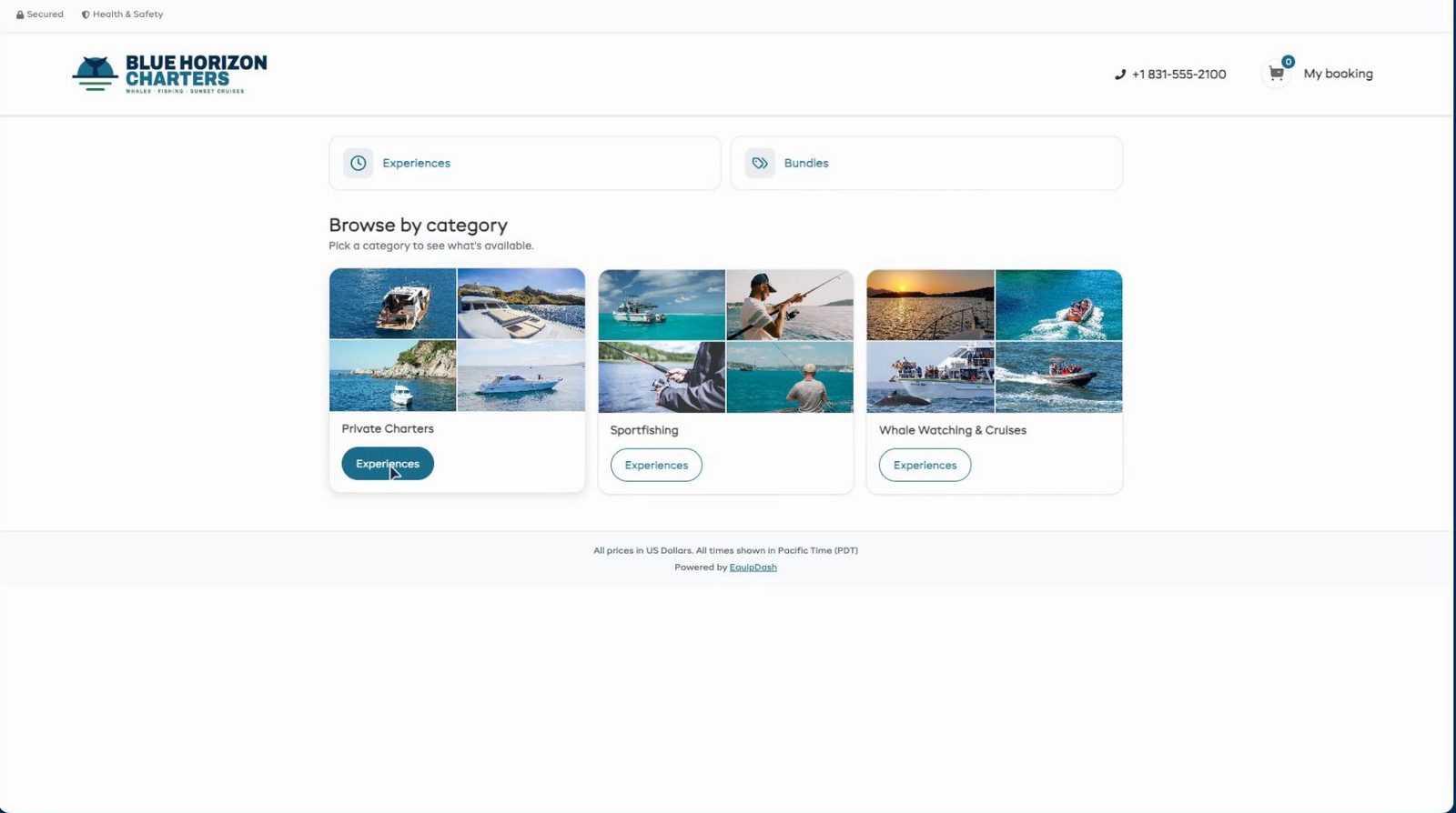 Blue Horizon Charters booking page