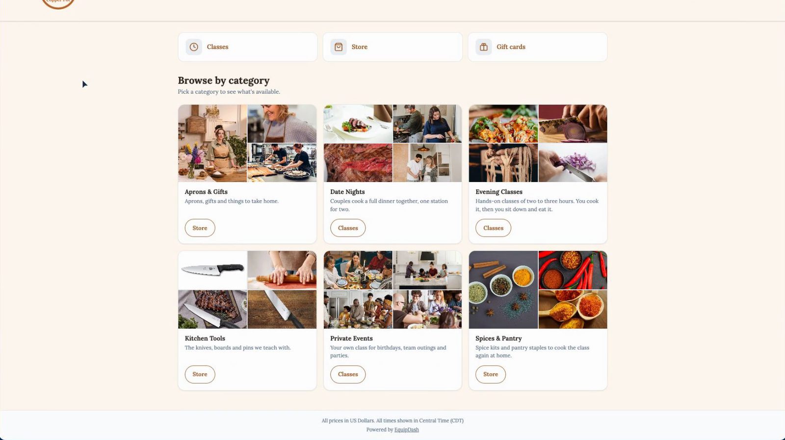 Copper Pot Cooking School booking page