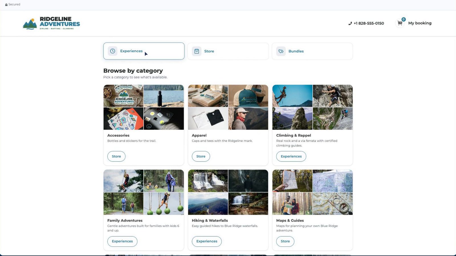 Ridgeline Adventures booking page