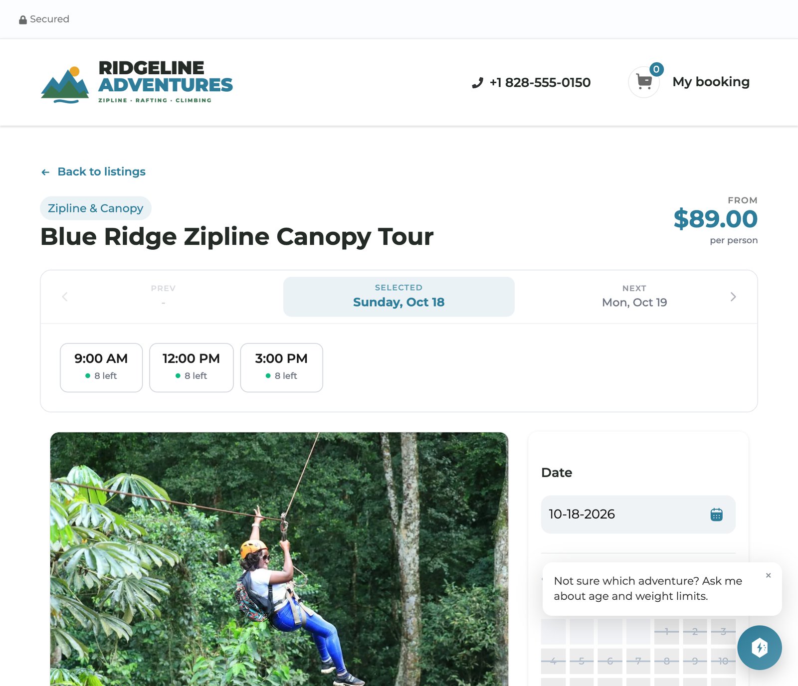 The Blue Ridge Zipline Canopy Tour on the booking page, with places left at each time