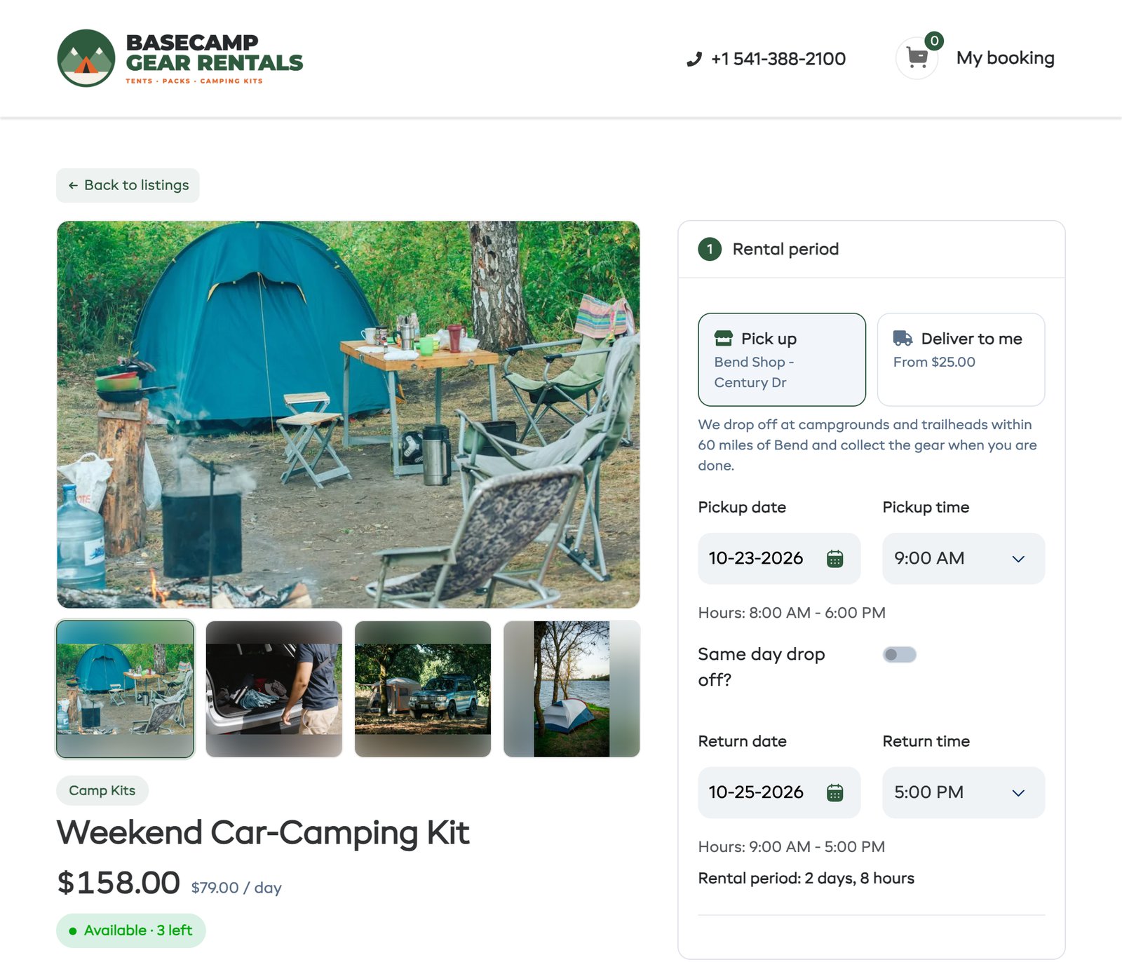 The Weekend Car-Camping Kit on the shop's booking page, with pickup or delivery, trip dates and 3 kits left