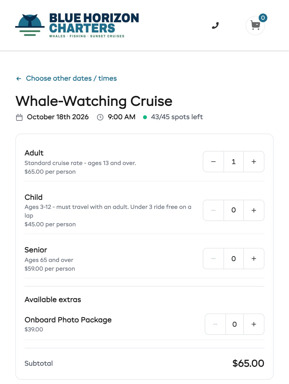 Adult, child and senior prices and the photo package on the Whale-Watching Cruise booking page